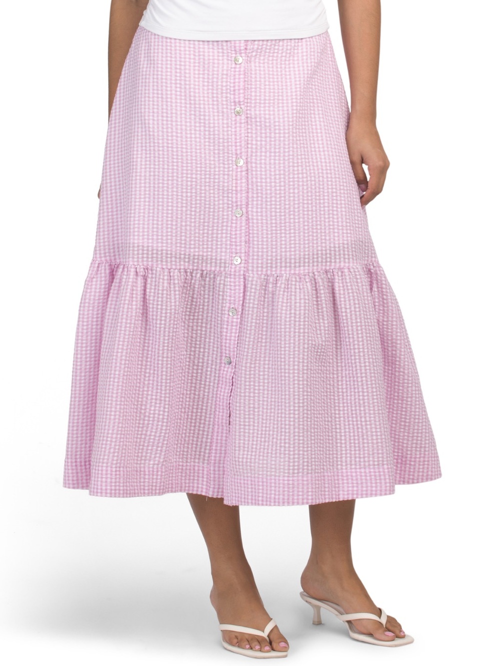4Our Dreamers Pink White Gingham Seersucker Button Front Flounce Hem Midi Skirt